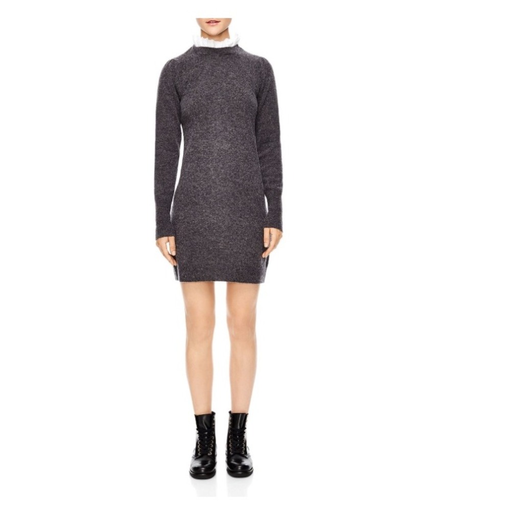 Sandro Paris Ancolie Gray Wool Blend Sweater Dress Lace Collar Size 1 S